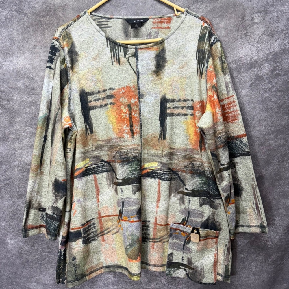 Ali Miles Abstract Art to Wear Tunic Top Sweater Plus Size 1X Gray 3/4 Sleeve